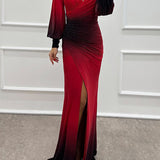 Julieta - Gradient Print Off Shoulder Gem Detail Slit Gown Maxi Dress