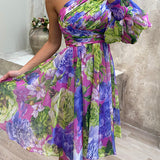 Ylona - Floral Print Pleated One Shoulder Sleeve Swing Mini Dress