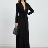 Kara - Long Sleeve Skinny Solid Color Deep V-Neck Maxi Dress