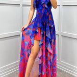 Georgia - Gradient Unique Print Flowing Layered Ruffles Strapless Slit Maxi Dress