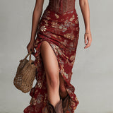 Sara - Corset-Style Floral Print High-Slit Maxi Dress