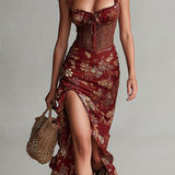 Sara - Corset-Style Floral Print High-Slit Maxi Dress