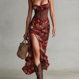 Sara - Corset-Style Floral Print High-Slit Maxi Dress
