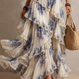 Clara - Boho Resort Blue Floral Halter Tiered Ruffle Chiffon Maxi Dress