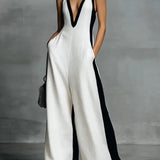 Celine | Black & White Color-Block Wide-Leg Jumpsuit