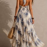 Clara - Boho Resort Blue Floral Halter Tiered Ruffle Chiffon Maxi Dress