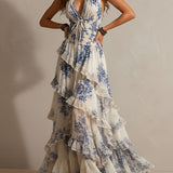 Clara - Boho Resort Blue Floral Halter Tiered Ruffle Chiffon Maxi Dress