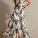 Clara - Boho Resort Blue Floral Halter Tiered Ruffle Chiffon Maxi Dress