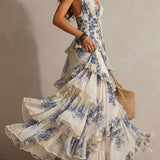 Clara - Boho Resort Blue Floral Halter Tiered Ruffle Chiffon Maxi Dress