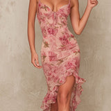 Rose - Elegant Blush Floral Ruched Bodycon Midi Dress With Ruffled Hem