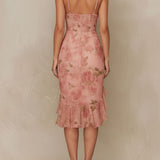 Rose - Elegant Blush Floral Ruched Bodycon Midi Dress With Ruffled Hem