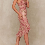 Rose - Elegant Blush Floral Ruched Bodycon Midi Dress With Ruffled Hem