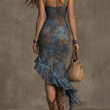 Brenda - Tie-Dye Print Ruched Midi Dress With Ruffled Asymmetrical Hem