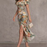Carmen - Retro And Elegant Floral Ruched Square-Neck Midi Dress