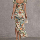 Carmen - Retro And Elegant Floral Ruched Square-Neck Midi Dress