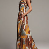 Celine - Boho Abstract Multicolor Smocked Bodice Maxi Dress