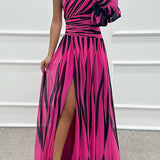 Annalise - One Shoulder Pleated Slit Maxi Dress