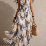 Clara - Boho Resort Blue Floral Halter Tiered Ruffle Chiffon Maxi Dress