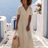 Alvara | V Neck Short Sleeve Wrap Waist Midi Dress