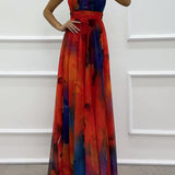 Elaine - Tulle Floral Splash Print Cutout Halter Tie-up Neck Gown Maxi Dress