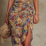Fenna - Boho Floral Ruched Midi Dress