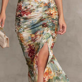 Carmen - Retro And Elegant Floral Ruched Square-Neck Midi Dress