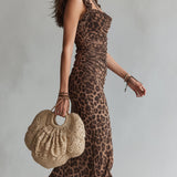 Lenna - Retro Leopard Print Fungus Trim Hem Slit Midi Dress