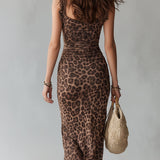 Lenna - Retro Leopard Print Fungus Trim Hem Slit Midi Dress