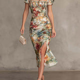 Carmen - Retro And Elegant Floral Ruched Square-Neck Midi Dress