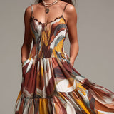 Celine - Boho Abstract Multicolor Smocked Bodice Maxi Dress