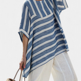 Corvielle | Sophisticated Blue Striped Top & Hem-Detailed Pants