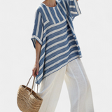Corvielle | Sophisticated Blue Striped Top & Hem-Detailed Pants