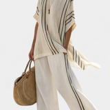 Greysen | Elegant Ivory Linen Blouse & Black Striped Pants