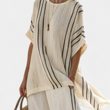 Greysen | Elegant Ivory Linen Blouse & Black Striped Pants