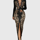Trendig leopard bodycon-maxiklänning med djup v-ringning