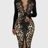 Trendig leopard bodycon-maxiklänning med djup v-ringning