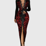 Trendig leopard bodycon-maxiklänning med djup v-ringning