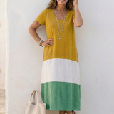 Thalia | Short Sleeve Color Block V Neck Midi Dress