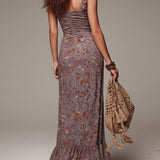 Anselma | Grayish-purple Pleated Floral Print Slit Maxi Dress