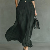 Elvira - Pleated long dress with a lapel and high waist