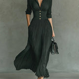 Elvira - Pleated long dress with a lapel and high waist