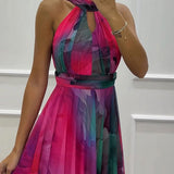 Elaine - Tulle Floral Splash Print Cutout Halter Tie-up Neck Gown Maxi Dress