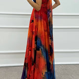 Elaine - Tulle Floral Splash Print Cutout Halter Tie-up Neck Gown Maxi Dress
