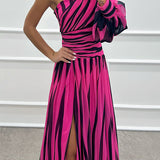 Annalise - One Shoulder Pleated Slit Maxi Dress