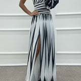 Annalise - One Shoulder Pleated Slit Maxi Dress
