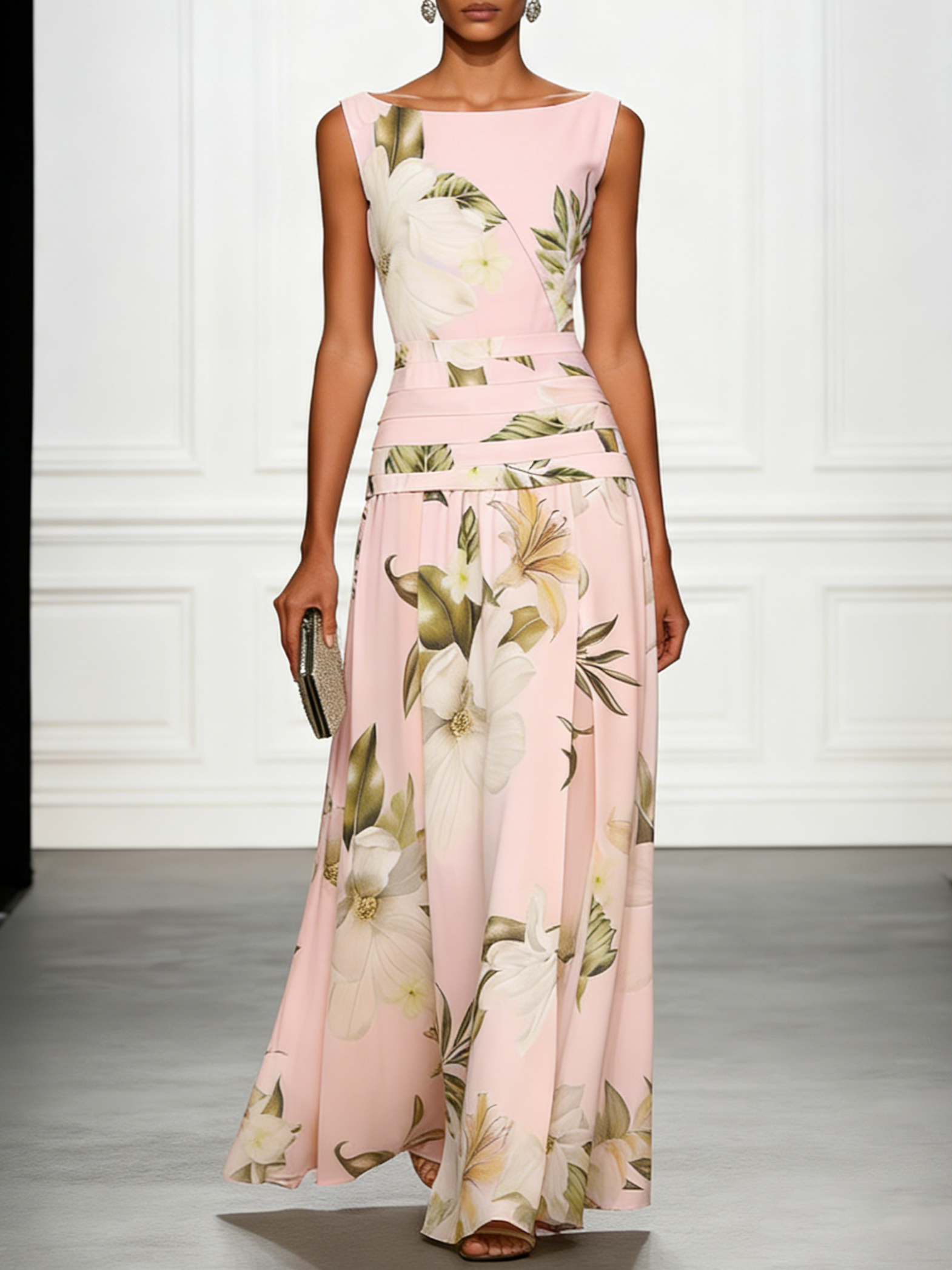 Boat Neck Floral Print Sleeveless Maxi Dress