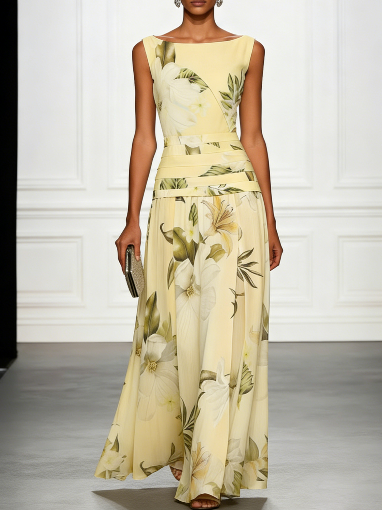 Boat Neck Floral Print Sleeveless Maxi Dress
