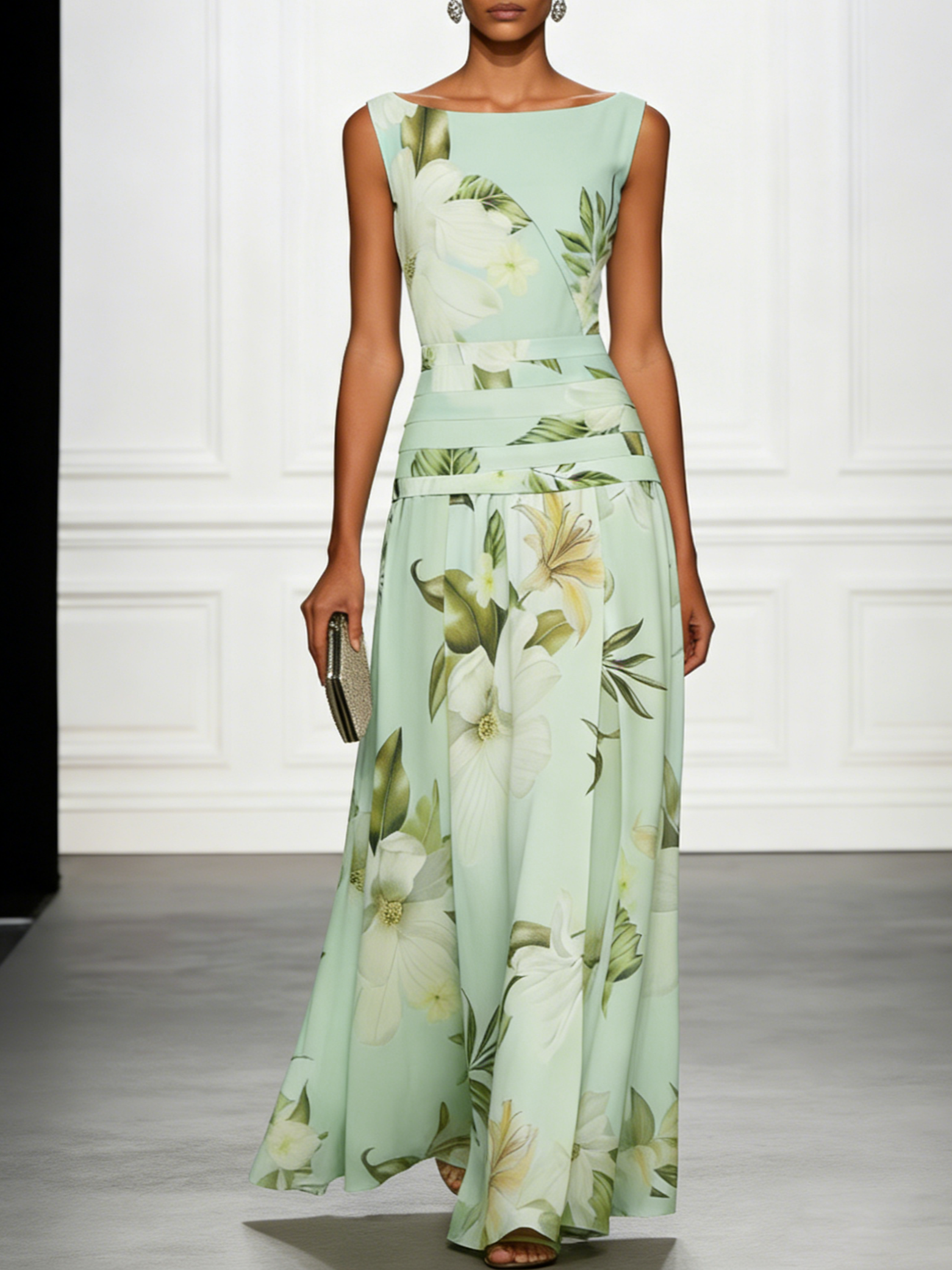Boat Neck Floral Print Sleeveless Maxi Dress