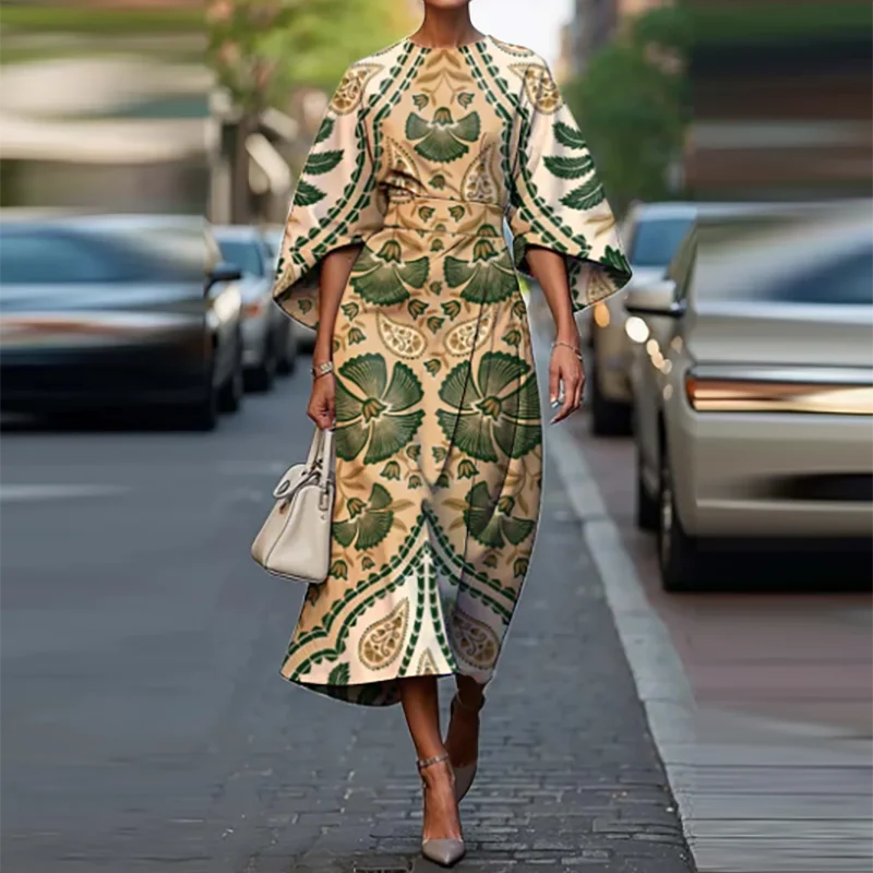 Bohemian Midi Dress – Chic High Waist Design for Summer Office Wear