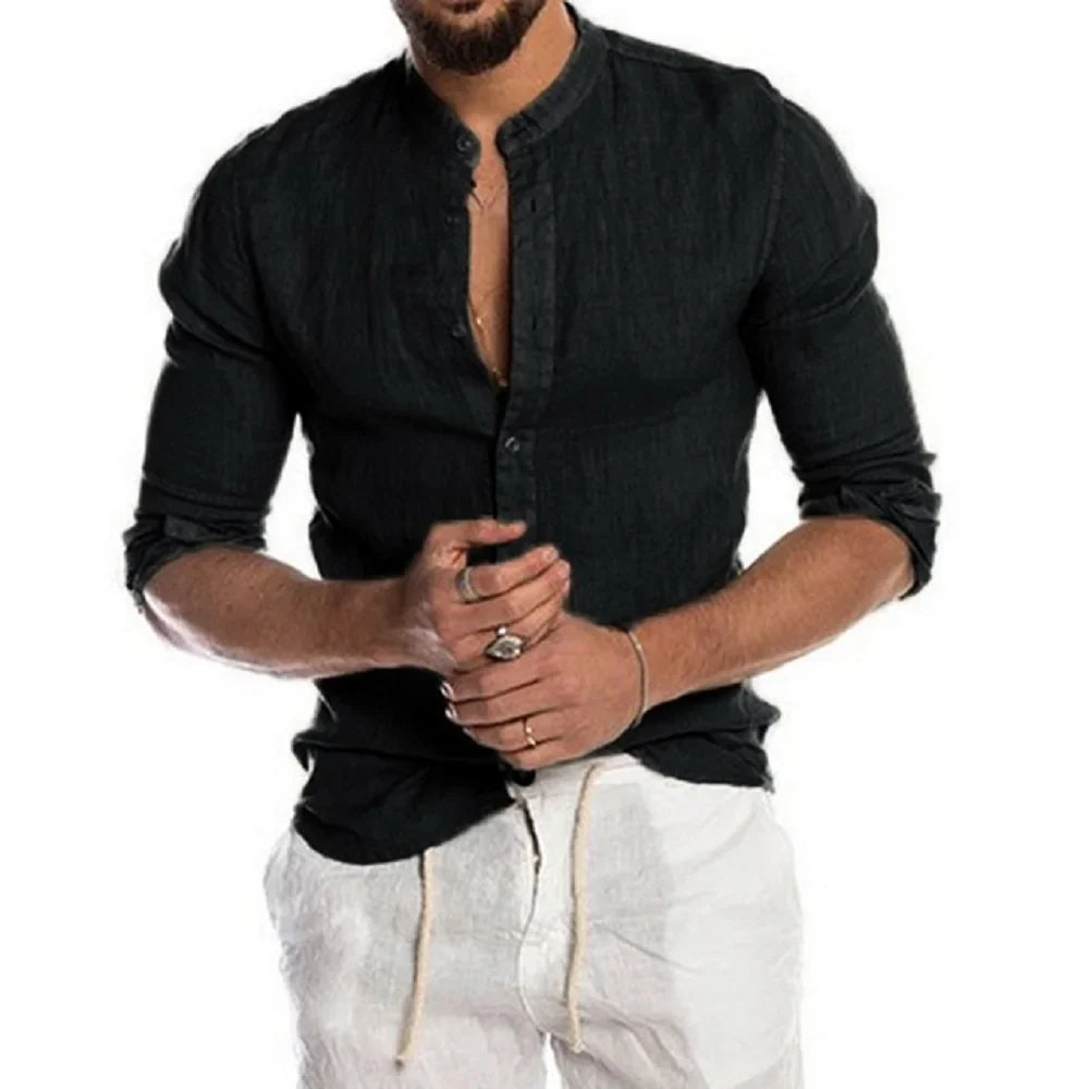 Cedar Men's Linen Shirt – Lightweight Stand-Up Collar for Summer Comfort